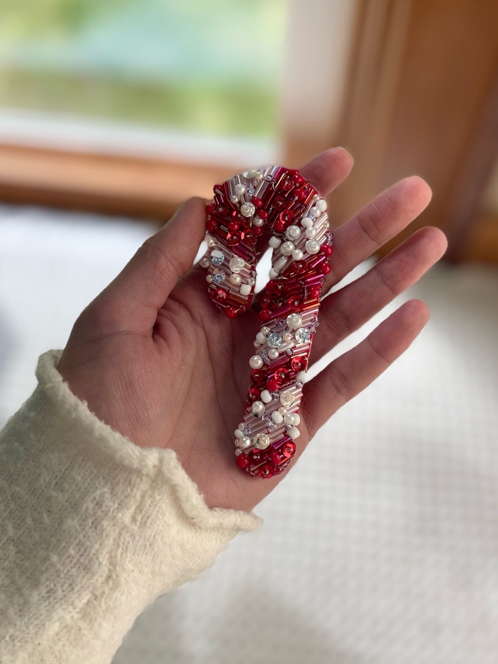 Handcrafted Red and White Beaded Candy Cane Felt Christmas Ornament
